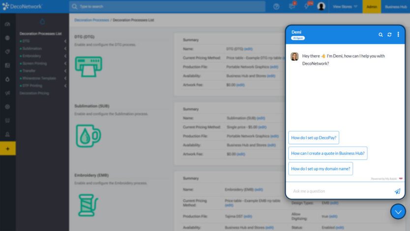 deconetwork, ai agent, demi, print shop software, deconetwork support, ai assistant, print shop help, deconetwork admin, 24/7 support, smart support tool